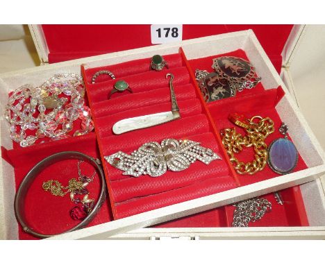 Vintage jewellery box and contents including butterfly wing silver pendant, hallmarked silver folding button hook, hallmarked