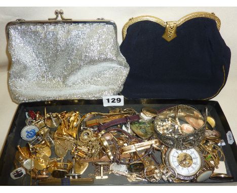Good collection of vintage jewellery, men's cufflinks, enamel badges, locket and two evening bags