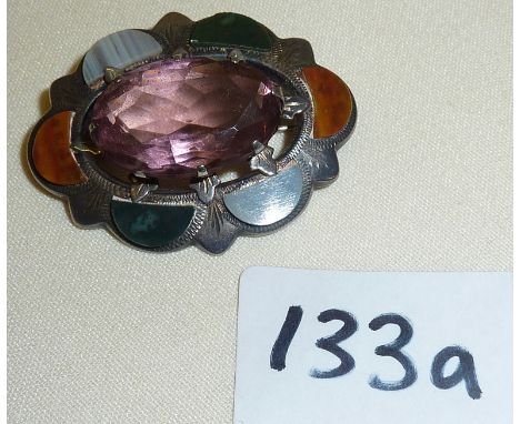 Scottish antique silver Cairngorm brooch, set with large amethyst and agate slices