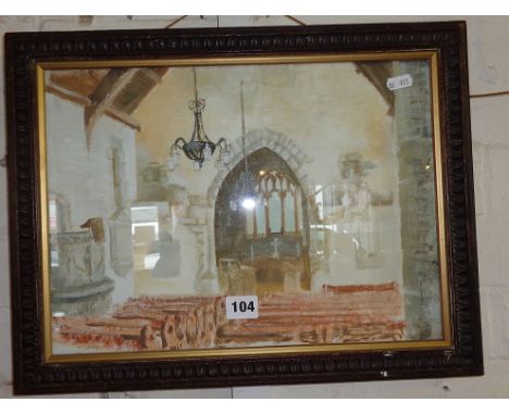 Watercolour sketch of a church interior in the manner of John Piper, signed