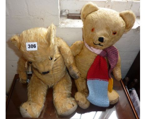 Two vintage Teddy Bears (inc. Chiltern) and a Victorian folding mahogany knitting basket stand
