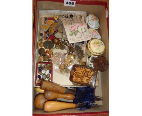Military buttons and badges, coins, rug making tools, souvenir miniature toilet, etc!