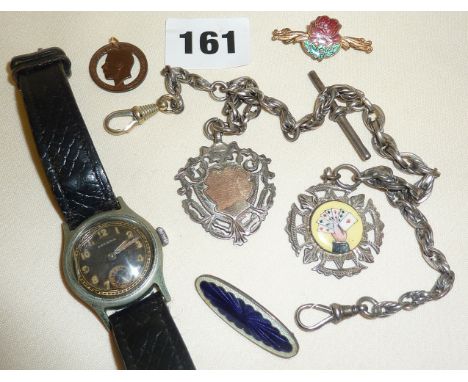 Old silver fob watch chain with two silver fob medals, one with enamel Poker or Bridge playing card hand! enamel brooch/badge