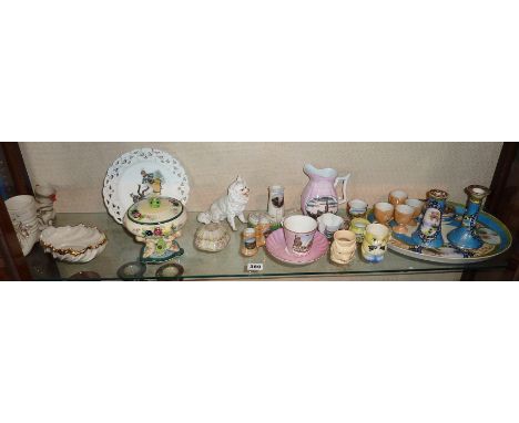 Shelf of assorted china, inc. Noritake, Victorian souvenir china, egg cups, etc.