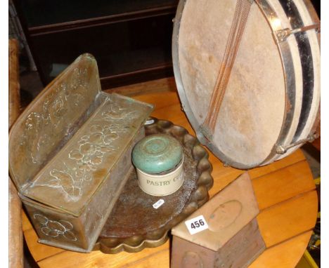 Embossed brass wall box, a tin tea caddy, set of pastry cutters in a tin, a brass tray and a snare drum