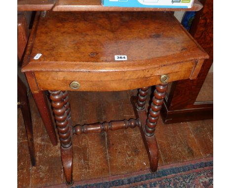 19th c. burr walnut work table having serpentine front and brass gallery to top standing on bobbin turned legs