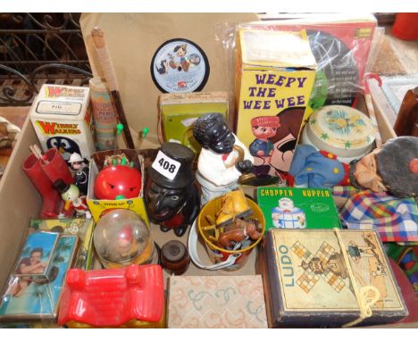 Great lot of 1960s and 1970s toys and novelty items, some still in boxes. Wibbly &amp; Wobbly Walkers, Chopper Hopper for den