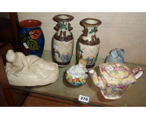 Royal Winton chintz teapot, pair of Chinese crackleware vases, Studio pottery lidded pot and three other pieces