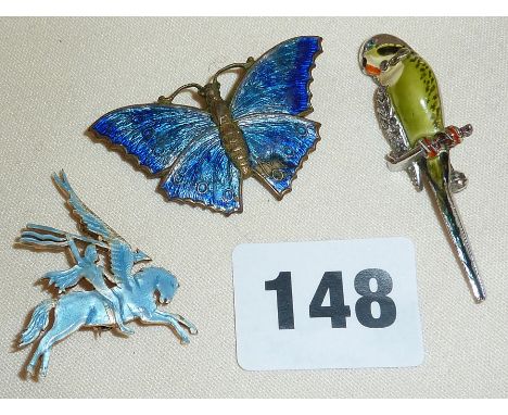 9ct gold Garrard &amp; Co enamel brooch of Zeus on Pegasus (some loss of enamel), budgerigar brooch marked as 'BJC' and an en