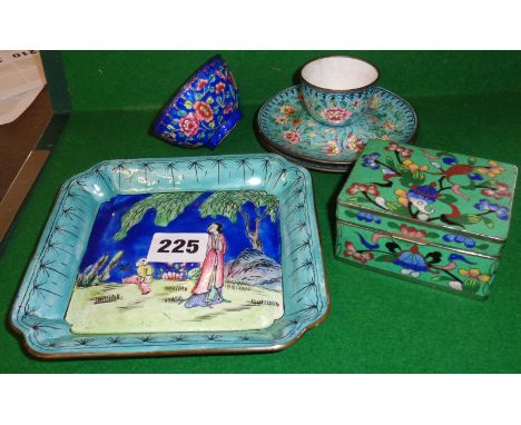 Chinese Cloisonné box, an enamel square dish and three others