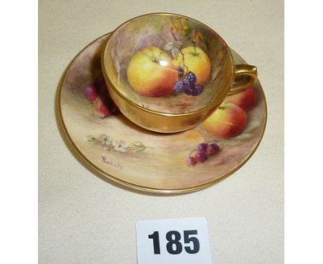 Miniature handpainted cup and saucer, painted with fruit by William Ricketts for Royal Worcester, c. 1920s