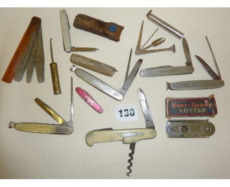 Collection of pen and pocket knives including multi tools with corkscrew and pipe tools, makers including Richards, Butler, E