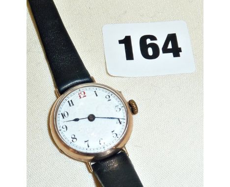 9ct gold ladies wristwatch with enamel dial and leather strap, early 20th century