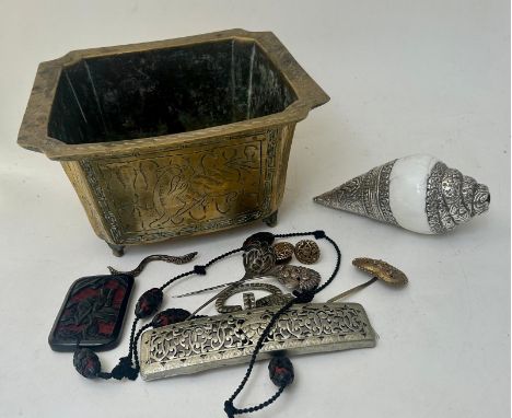 A collection of Chinese and Tibetan items including a brass censor, silver gilt hairpins, Tibetan conch shell with white meta
