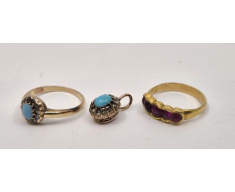 A yellow metal, turquoise and diamond ring, set oval cabochon turquoise to centre bordered by halo of rose-cut diamonds (yell