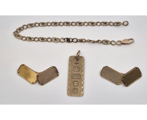 A pair of 9ct. gold rectangular engine turned cuff links, chain fitting, together with a 9ct. gold fancy link bracelet, and a