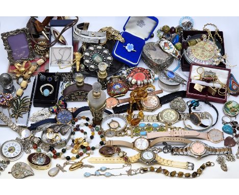 A large quantity of costume jewellery and dress watches, including; silver mounted jewellery, a Chinese cloisonne enamel scen