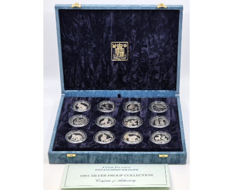 An Elizabeth II 1991 Cook Islands "Endangered Wildlife" 50 dollars twelve-coin silver proof collection;&nbsp;rev. Falcon, Alp