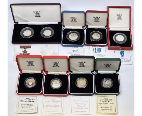 Three Elizabeth II UK silver proof piedfort two-pound coins; 1994 Tercentenary of the Bank of England (K4), 50th Anniversary 