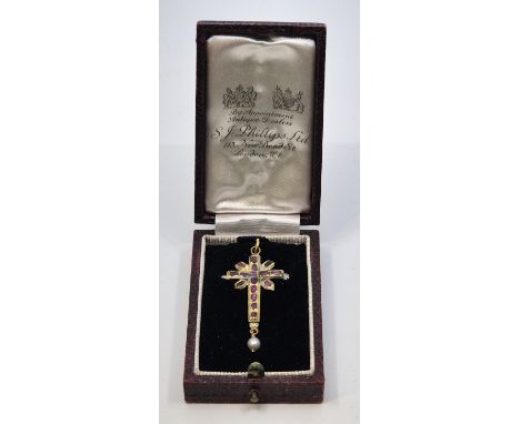 A 19th century Continental yellow metal, enamel, ruby and pearl cross pendant, the front set fifteen flat cut rubies with whi