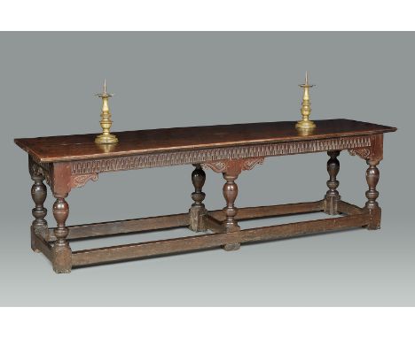 A FINE AND PROVENANCED JAMES / CHARLES I SIX LEG OAK REFECTORY TABLE, HASELOUR HALL, STAFFORDSHIRE, EARLS OF DERBY, CIRCA 162