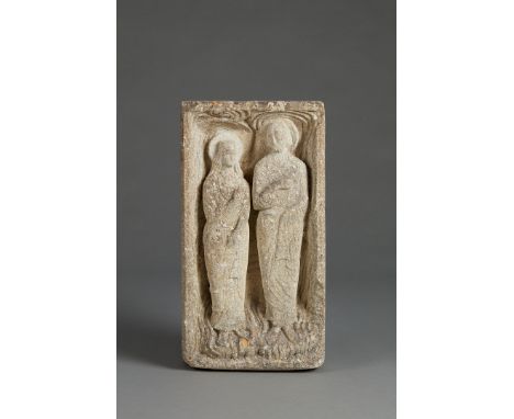A FINE 13TH CENTURY LIMESTONE BAS RELIEF CARVING OF SAINT JOACHIM AND SAINT ANNE, ANGLO/FRENCH, CIRCA 1230-1300. The relief c