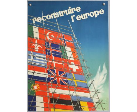 European Recovery Plan / Marshall Plan propoganda poster, by Alban Wyss (French), from the 1950's, 'Reconstruire L'Europe', r