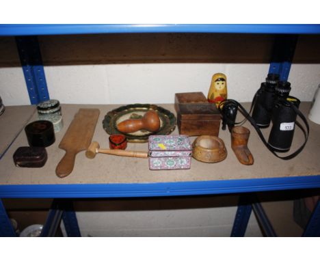 A pair of Chinon 10x50 binoculars, a Russian doll, a Chinese enamel box and various wooden ware
