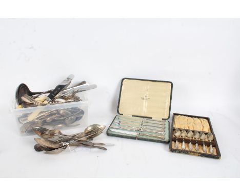 Cased set of six silver handled tea knives, cased set of six plated teaspoons, collection of loose flatware (qty)