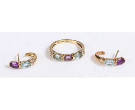 A 9ct gold ring set with aquamarine, amethyst and diamonds. Ring size O .With a matching pair of earrings.Gross weight 4.6 gr