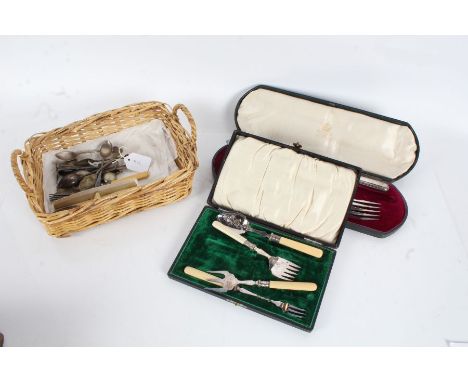 Pair of Elkington silver plated fish servers, cased, cased set of four preserve and pickle utensils, plated flatware (qty)