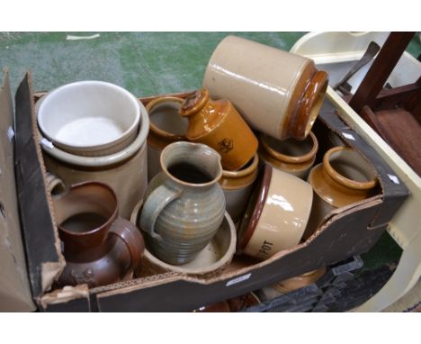 Stoneware - A 19th century saltglazed stoneware jug; jars; flagons; bowls; a Hillstonia pottery planter; etc.; quantity (two 