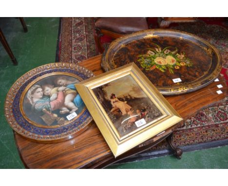 A crystoleum of mother and her children; a framed circular print; a papier-maché painted tray (3)