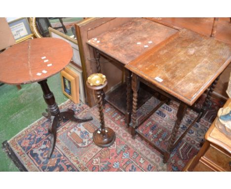 Two oak barley twist occasional tables, a pair of oak hall chairs, an oak barley smokers stand and a George III tripod table 