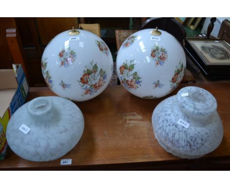 Lighting - a pair of mid 20th century globe pendant lights, each decorated with flowers;  a white marbelised glass shade;  an