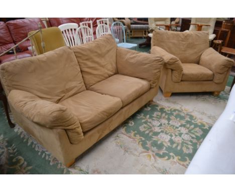 A suede two seat sofa and accompanying chair (2)