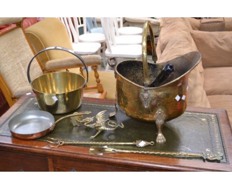 Brass helmet shaped coal scuttle;brass jampan; toasting fork; griffin candlestick; shoe horn; copper pan; coal shovel (7)
