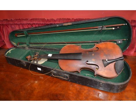 Violin in fitted case, one piece back Stradivarius copy, label, 2 bows