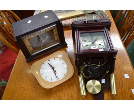 Clocks- an Art Deco chiming mantel clock, oak case; a Highland chiming wall clock; a vintage Peter enamelled kitchen clock 