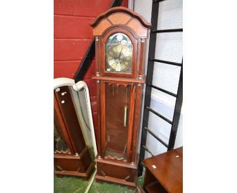 A Bentima mahogany and burr walnut effect longcase clock, gilt dial, Roman numerals, lyre pendulum, two weights