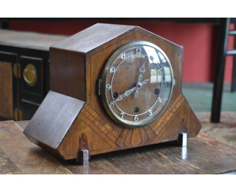 A Bravinton's Limited Art Deco inlaid oak chiming mantel clock, silvered Arabic numerals, chrome feet