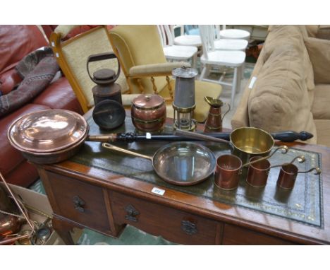 Copper and Brass- brass pan, copper warming pan, coaching lamp, trench art shell case etched Belguique, horns etc