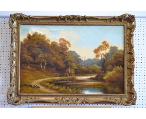 J Heathcote Hunt (20th century)
Autumn River Derbyshire, signed, oil on canvas, 50cm x 75cm
;  H Wilkinson, River landscape, 