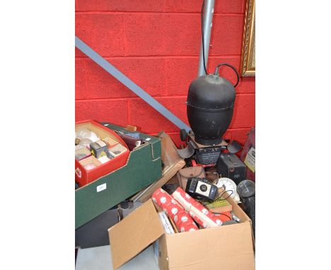 Photography - Magic lantern slides, bulbs, tape; photographic accessories, bulbs; albums, enlarger, Kodak trimming board, lam