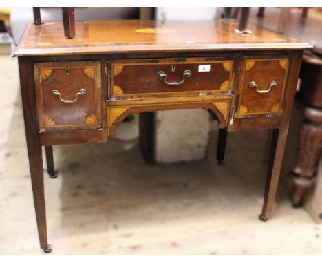 19th Century walnut, rosewood crossbanded and inlaid kneehole desk having three drawers with brass swan neck handles on squar