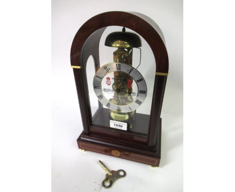 Reproduction mahogany cased mantel clock, the silvered dark and gilt patinated dial with Roman numerals signed Sewills, Maker