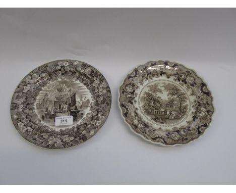 Wedgwood transfer printed plate decorated with a port scene within a floral border, 9ins diameter together with a similar pla