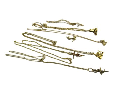 Six 9ct gold charms each on a fine 9ct gold chain, 21gm 