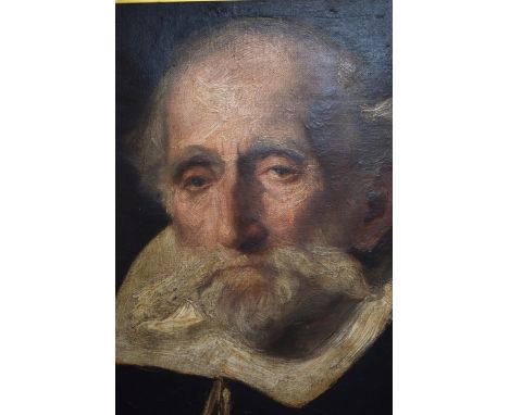 Antique oil on canvas loosely laid on board, portrait of an Elizabethan gentleman with white collar, ebonised ripple decorate