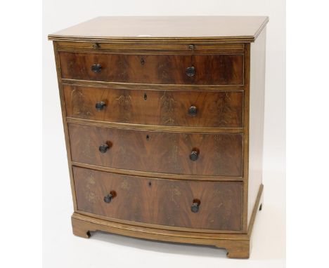 Hobbs & Co mahogany bow fronted chest of four graduated drawers with knob handles and brushing slide on bracket feet, 69 x 46